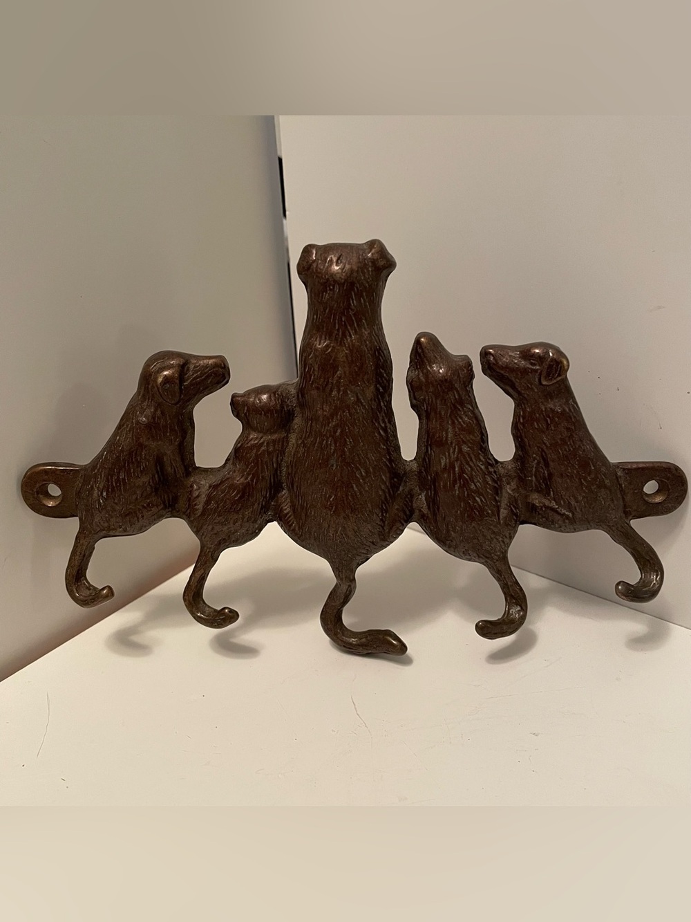 SPI Vintage 90s Dogs Key Hook Rack Brass Brown Puppy Tails Wall Mounted
